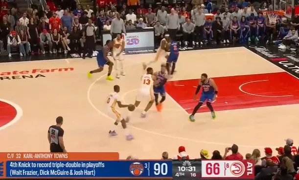 开云品牌-唐斯是尼克斯队史第4位季后赛砍下三双的球员，上一位是哈特